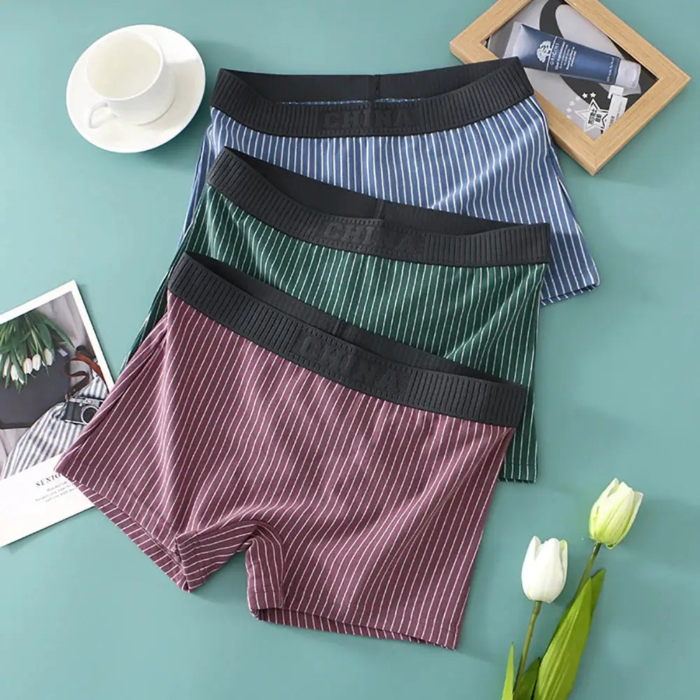 3-pack striped cotton panties for women; mid-rise boyshorts in blue, green, purple with black waistband, Simples Market.