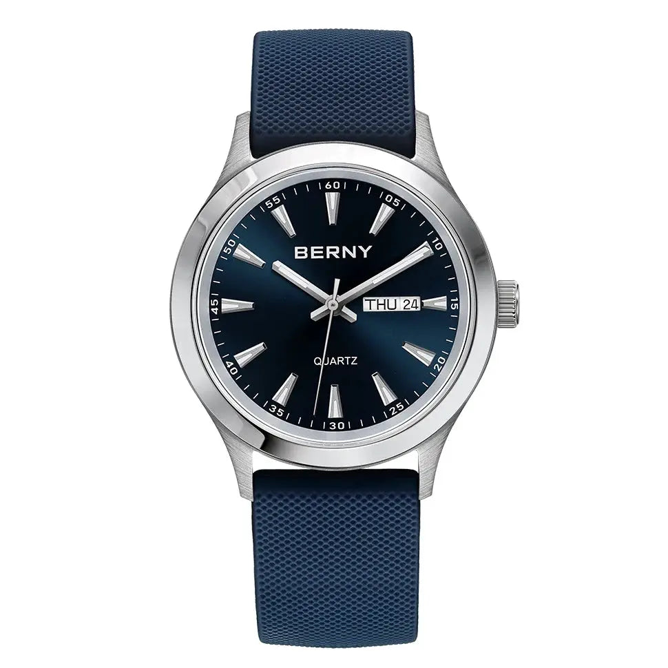 BERNY men's quartz watch with blue dial and blue textured silicone strap; stainless steel case; day-date display