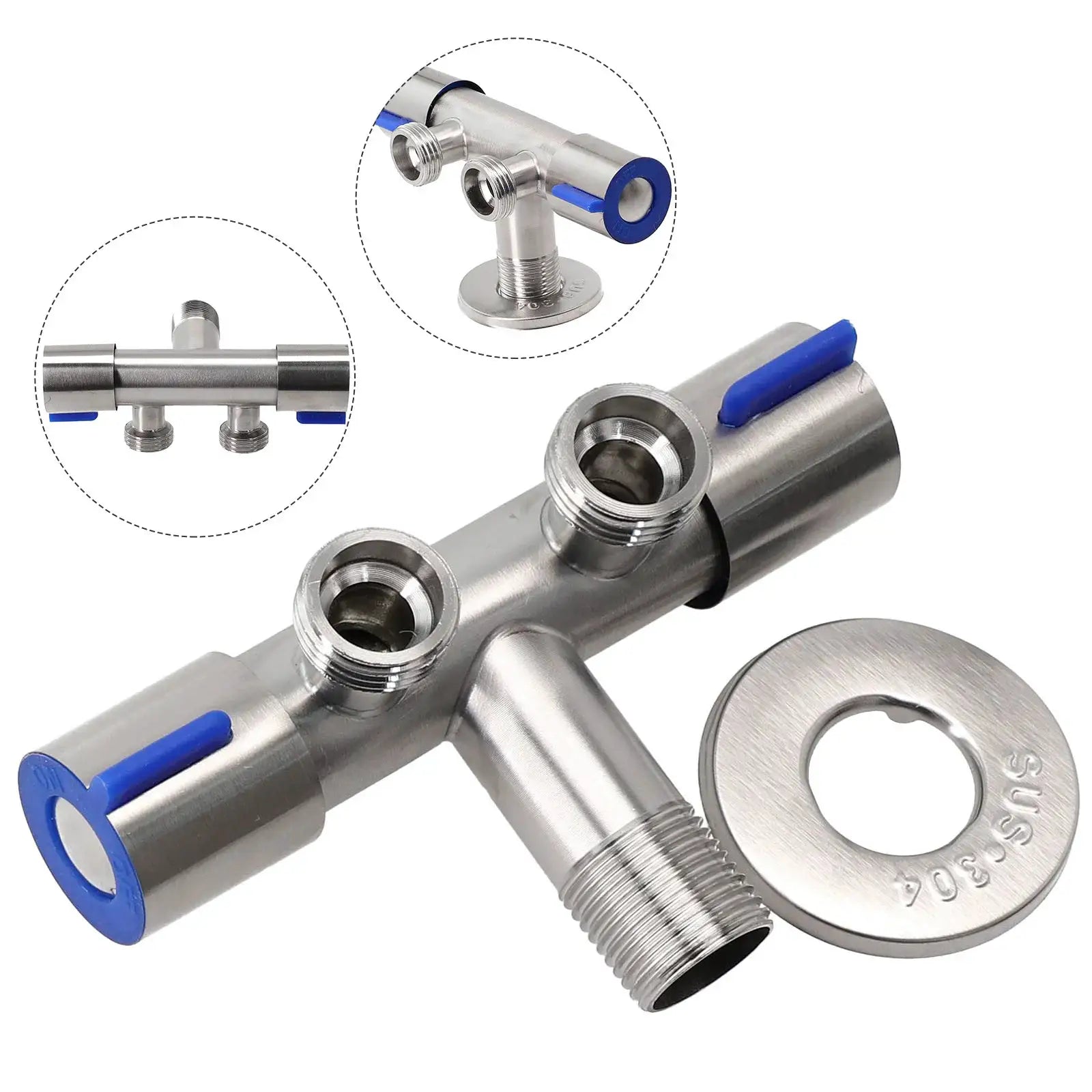 Double-handle stainless steel cold water faucet with blue lever handles for washing machine hookup