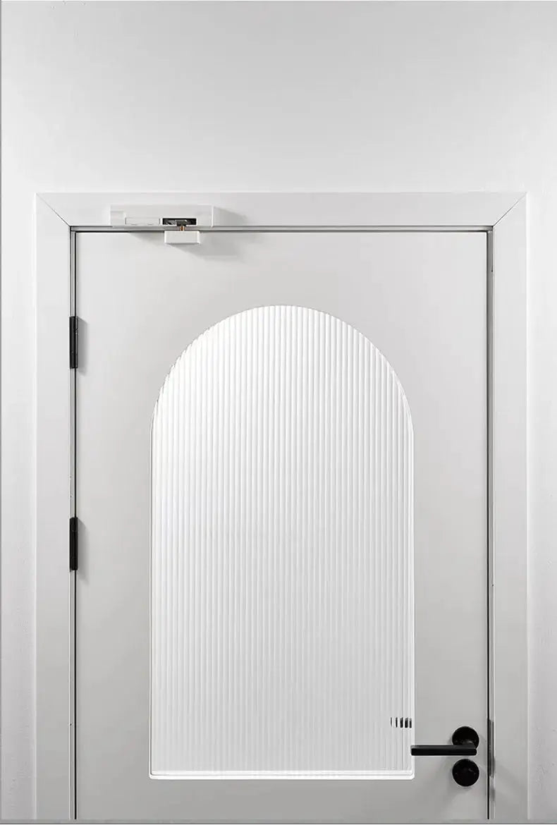 Hydraulic door closer mounted on a white wooden exterior door with a ribbed central panel and black lever handle