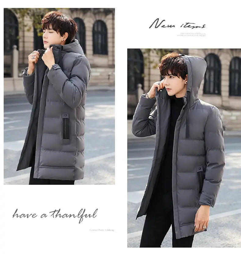Mid-length grey hooded puffer jacket for men by Simples Market, warm cotton-padded winter coat