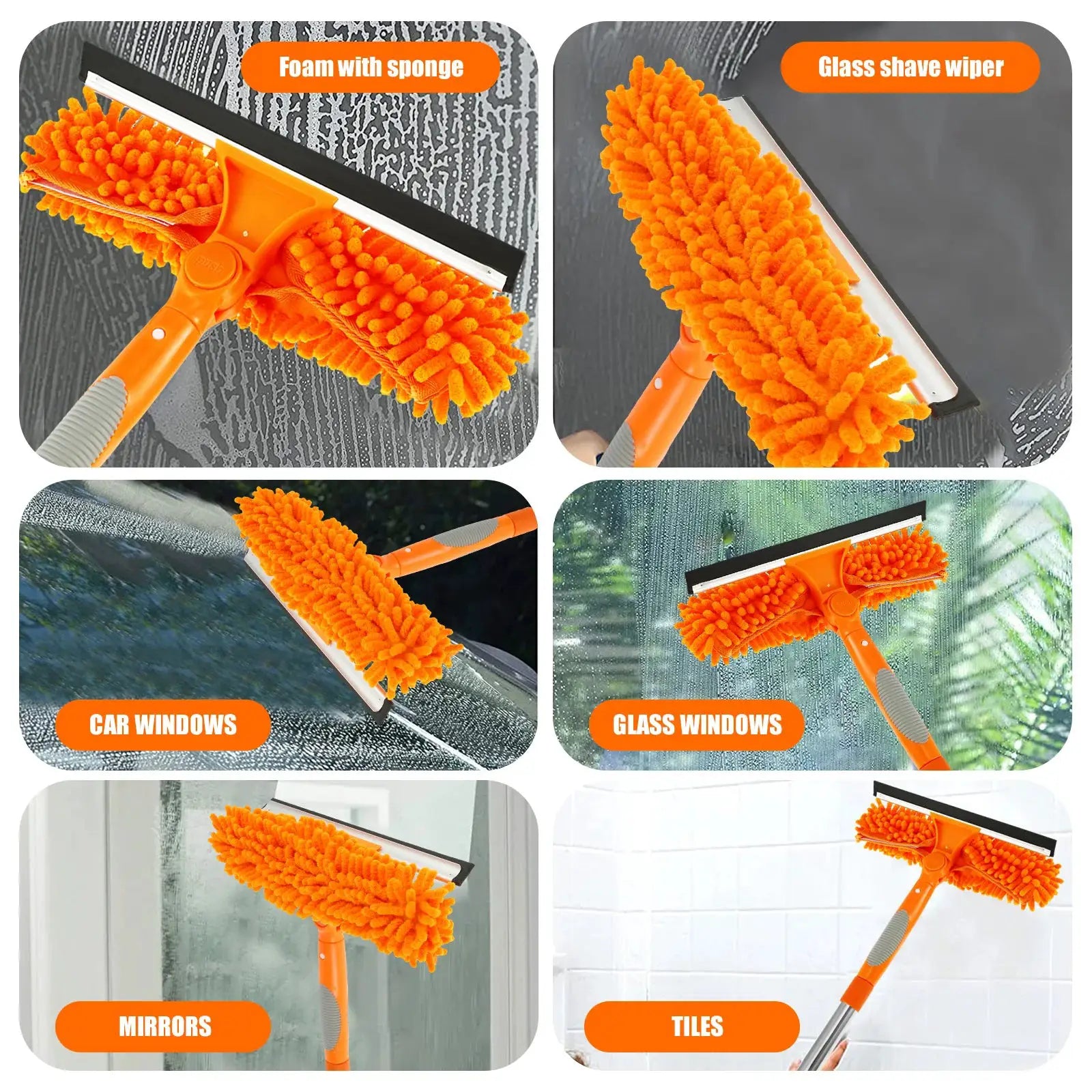 Simples Market extendable window cleaner tool set with orange 180° rotatable head and foam microfiber sponge