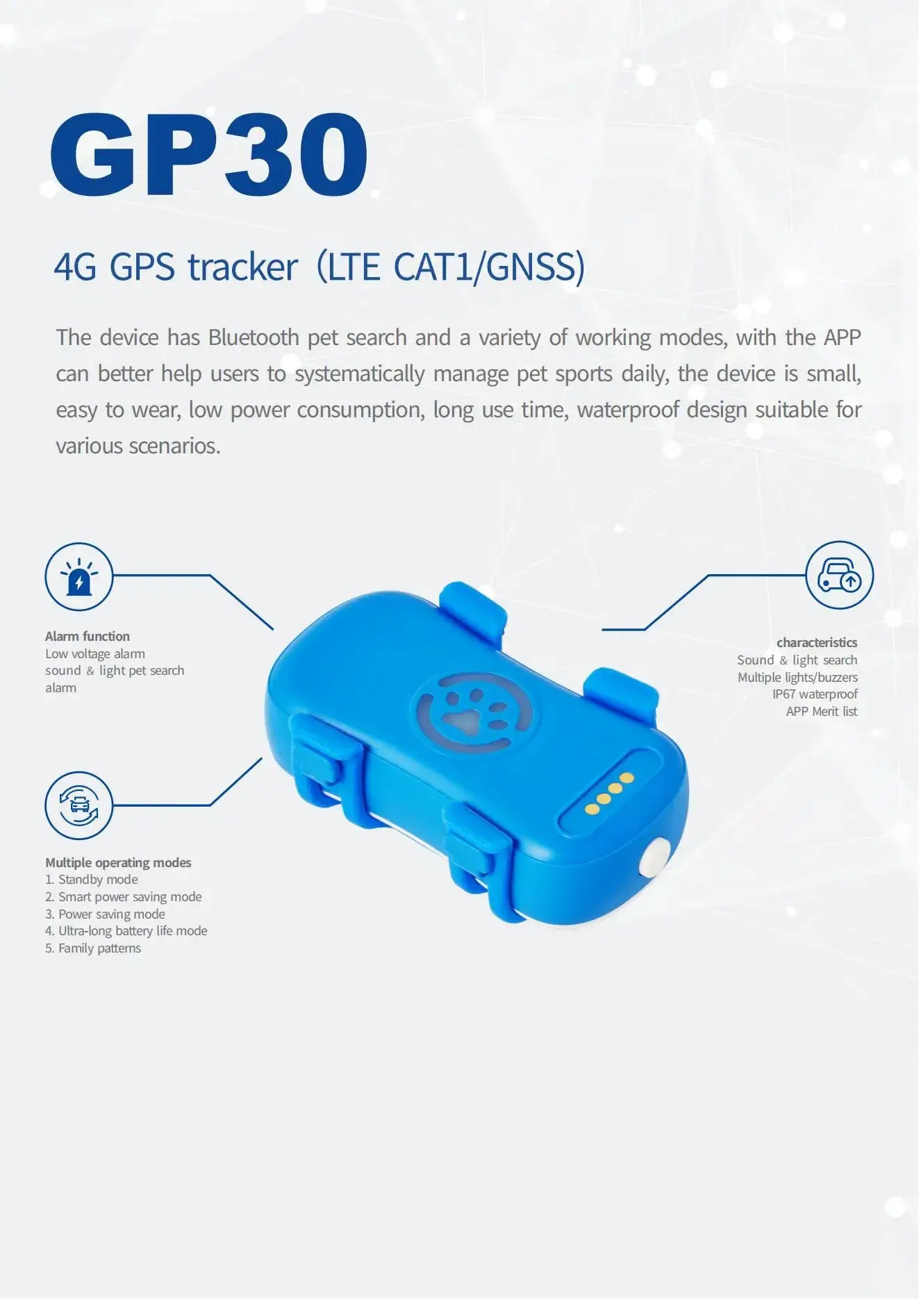 GPS Pet Tracker GP30 by Simples Market, blue 4G GPS device for dogs and cats with waterproof housing