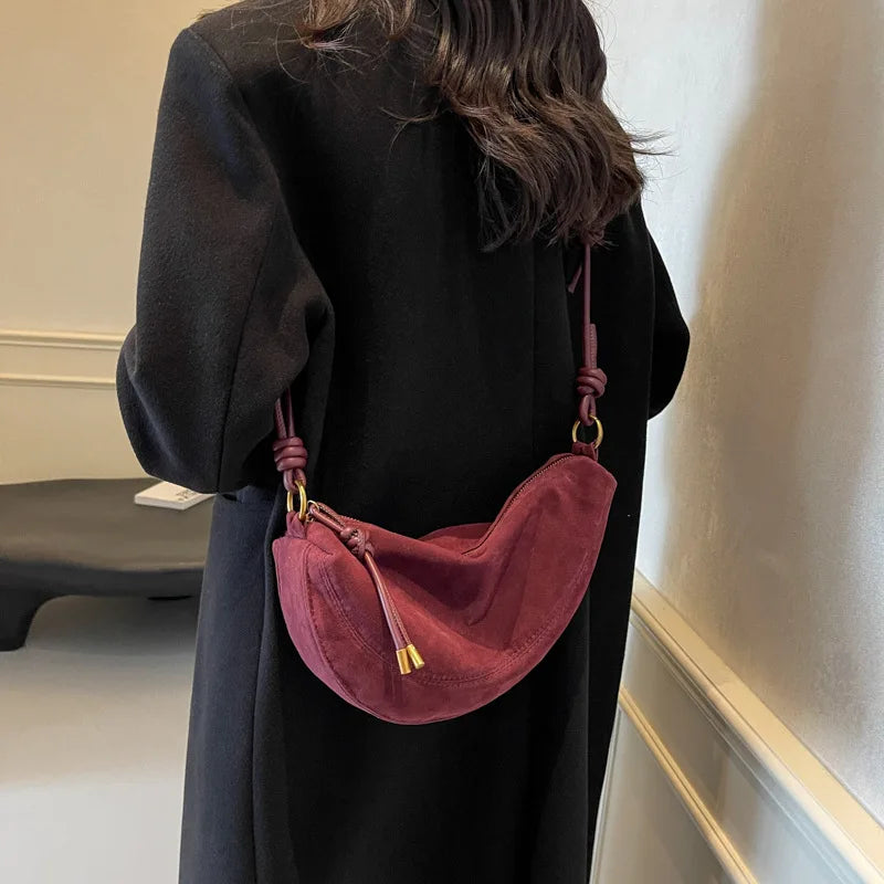 Simples Market faux suede shoulder bag, burgundy crossbody with knotted strap and tassel