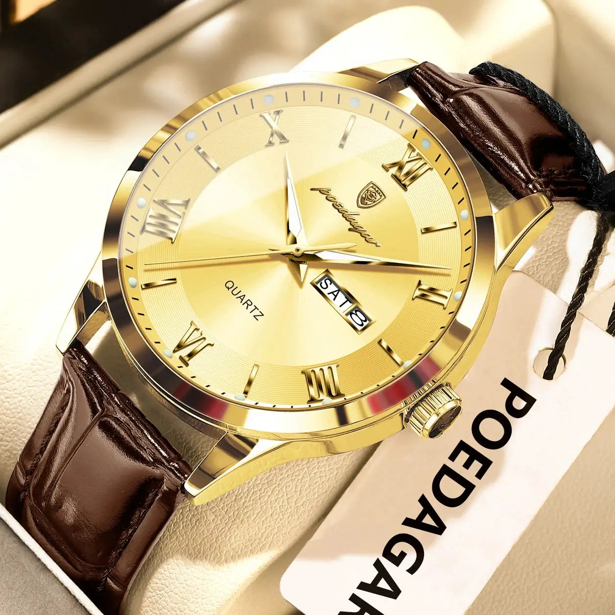 POEDAGAR Original Men Leather Strap Quartz Watch Luminous Waterproof Stainless Steel Case Timepiece