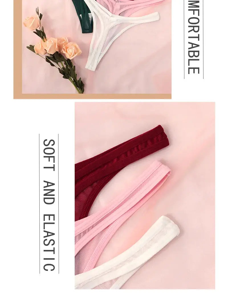 Seamless thong set for women in translucent mesh; 4-pack in white, pink, burgundy by Simples Market