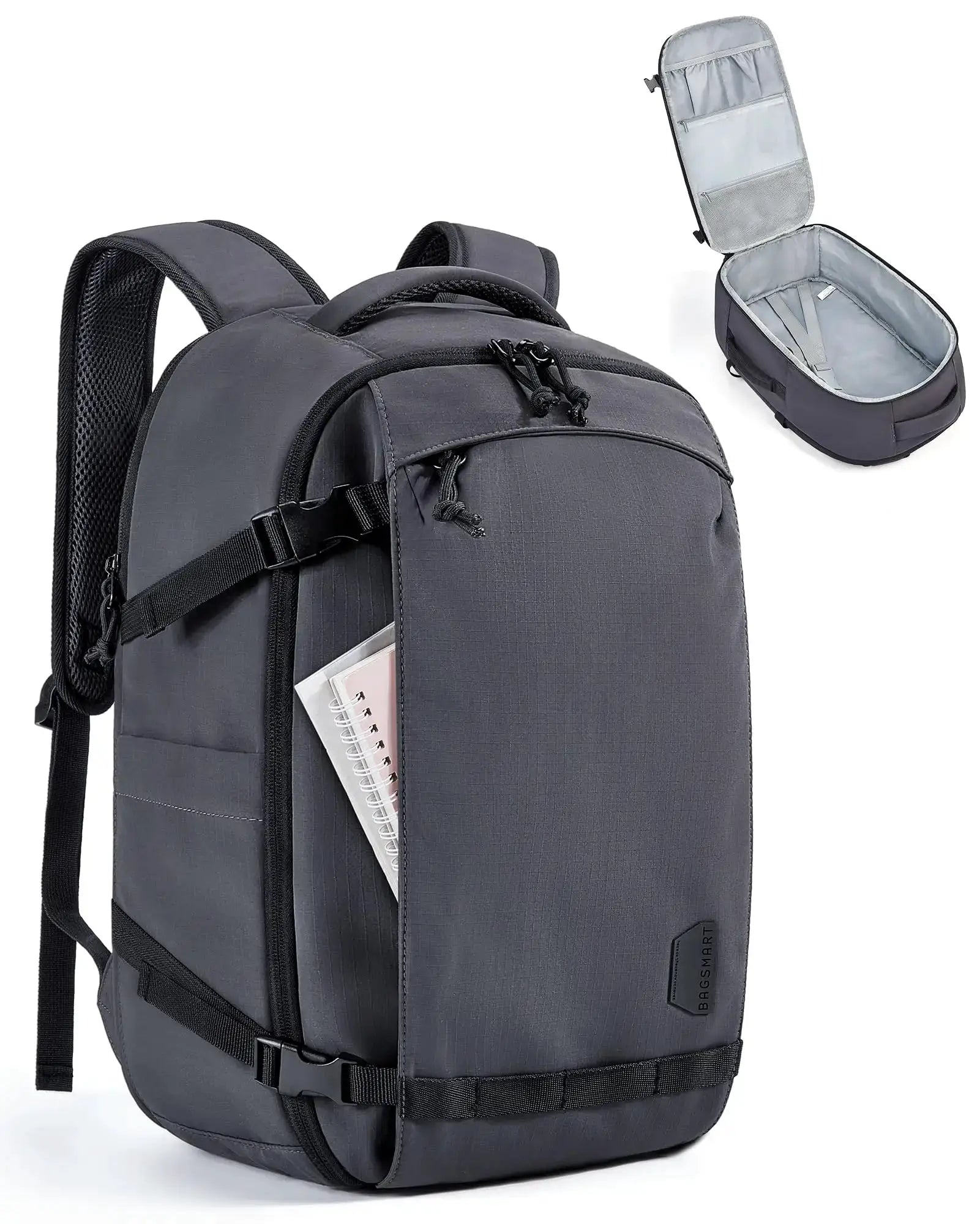 BAGSMART travel backpack, 30L, dark gray water-resistant carry-on with internal organizers and TSA-friendly design.