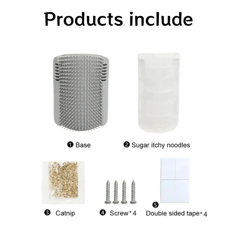 Cat massage tool kit with gray base and white wall-mount insert; includes catnip, 4 screws and 4 double-sided tapes.
