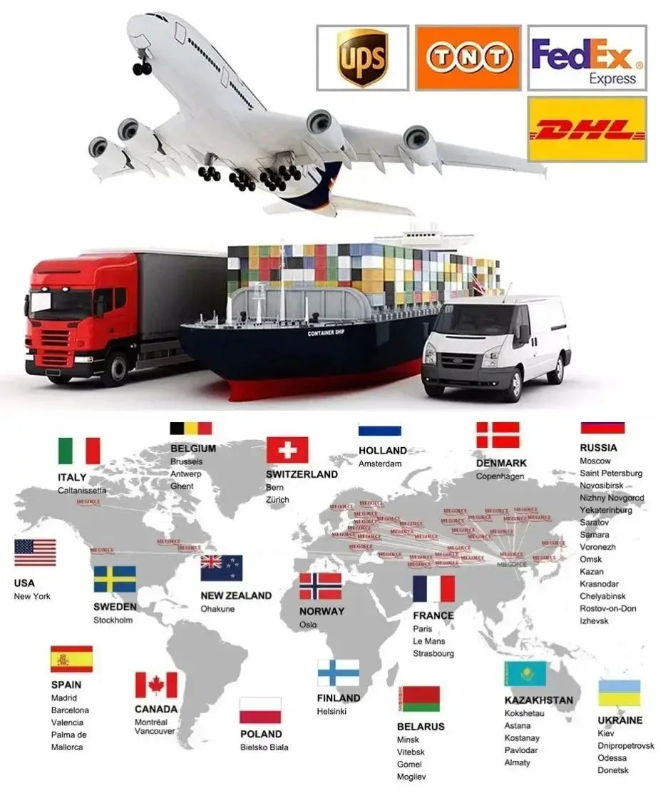 Logistics shipping montage with airplane, cargo ship, and trucks, plus UPS/TNT/FedEx/DHL logos and a world map.