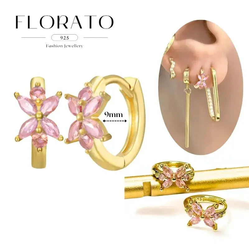 Florato gold-tone flower hoop earrings with pink zircon petals, 9mm hoops
