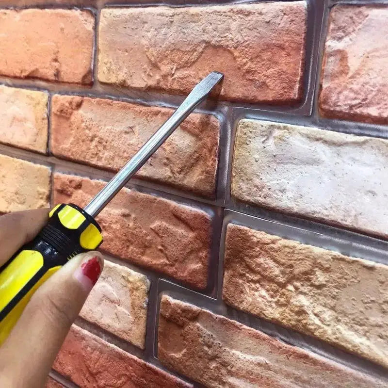 Self-adhesive 3D brick wall panel; waterproof beige-red faux-brick texture