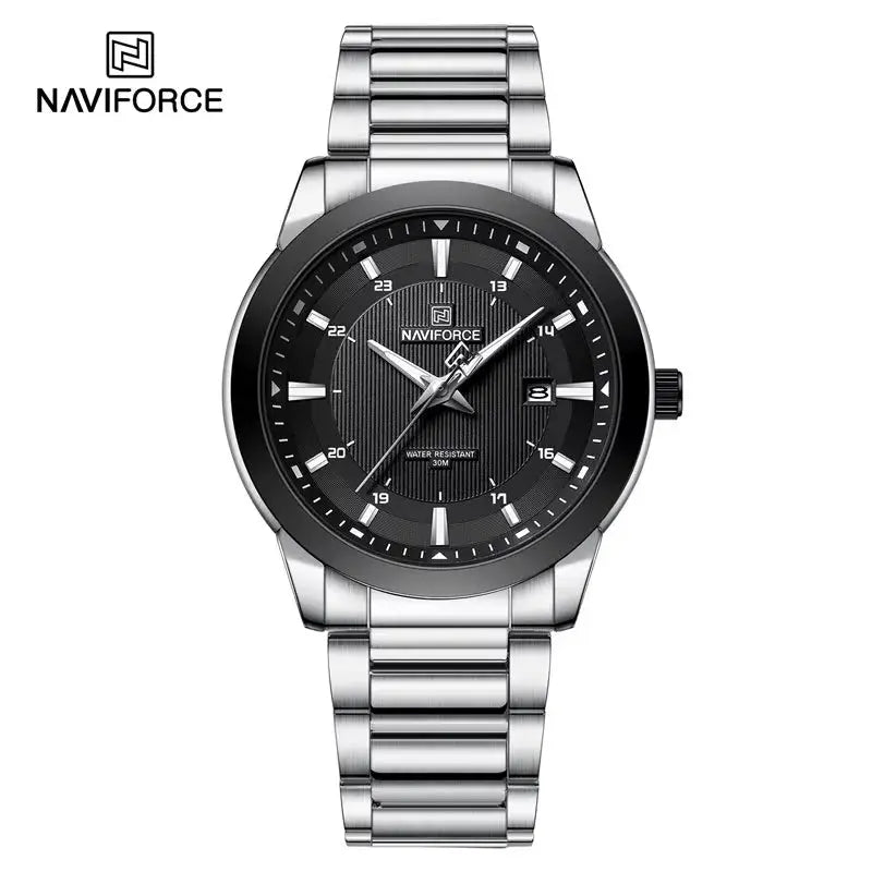 Naviforce men's stainless steel watch with black dial, date window, and 30m water resistance