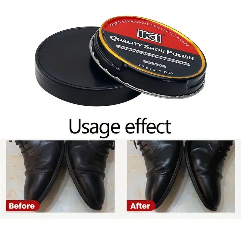 Faux leather shoe polishing kit by Simples Market with black polish tin; before/after on two black leather shoes.
