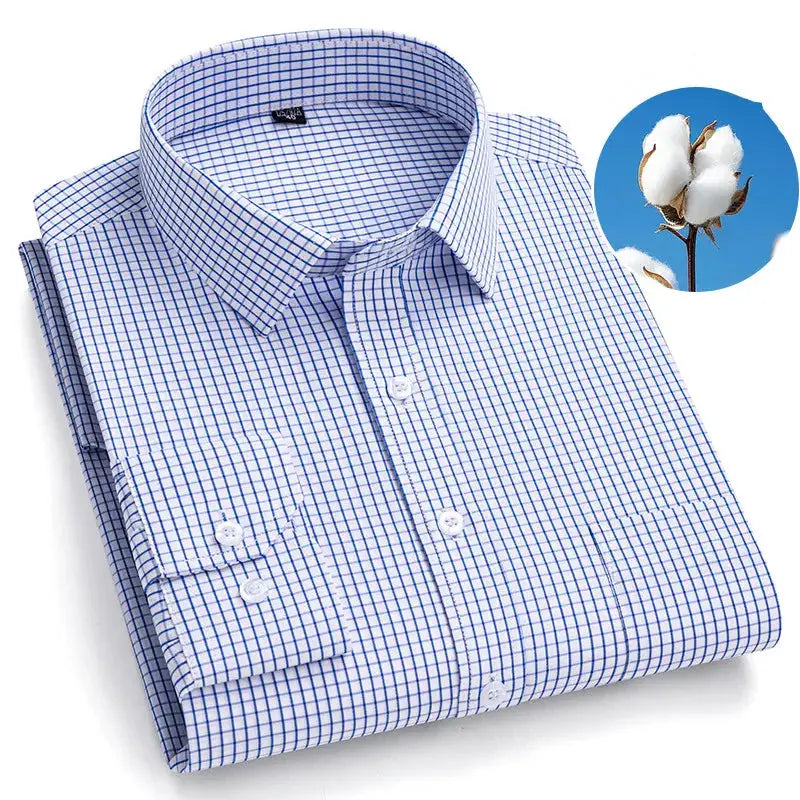 Simples Market men's long-sleeve blue plaid shirt with white buttons and single chest pocket.