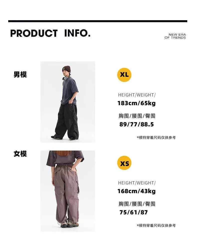 Ultra Loose Lightweight Outdoor Functional Pants; black men's wide-leg cargo pants and taupe women's cargo pants, XL/XS.