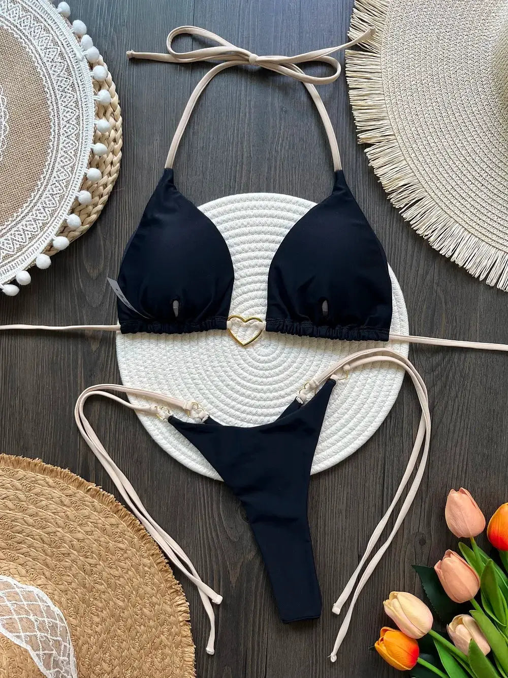 RUOTONSEPT black halter bikini set, solid two-piece with triangle top and thong bottom, beige straps