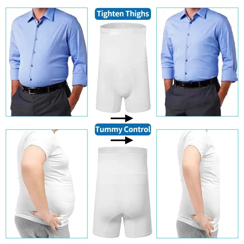 Men's tummy-control compression shorts by Simples Market, white two-pack.
