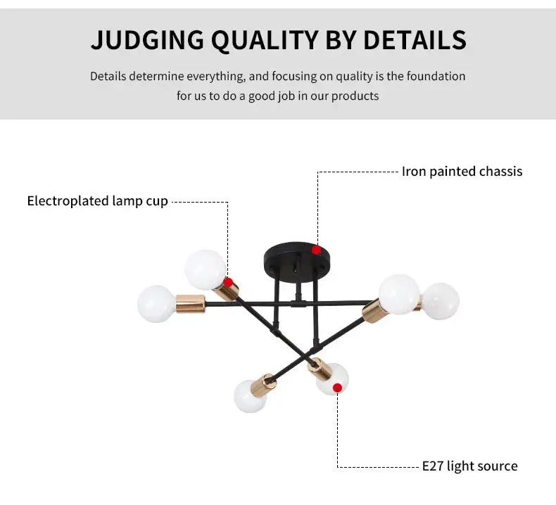 Retro industrial wrought-iron six-head LED ceiling lamp with black iron finish and E27 sockets