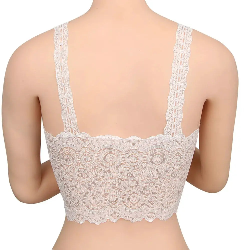 White lace crochet tank top with padded cups, scalloped hem and crochet straps