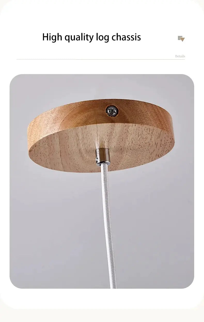 Wooden round ceiling pendant lamp with braided silver cord