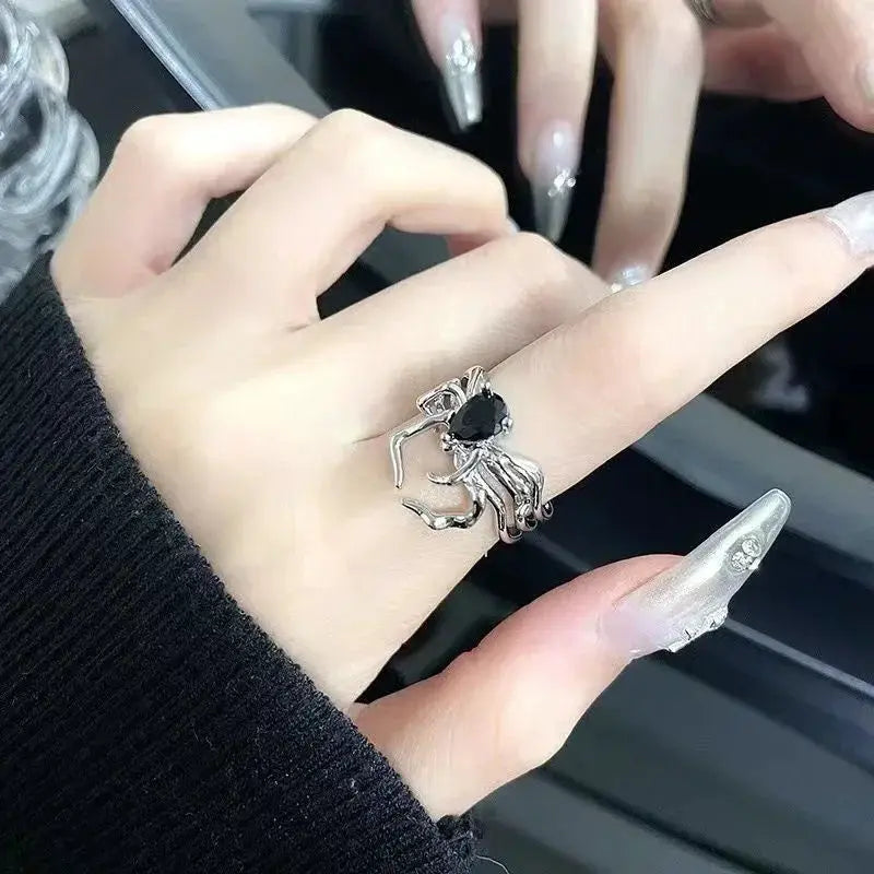 Goth Punk open ring with black teardrop crystal and silver scorpion motif