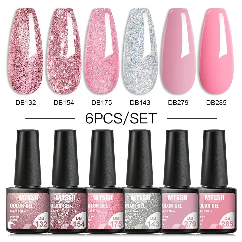 MTSSII gel nail polish set, 6-bottle glitter shades in pink and silver tones