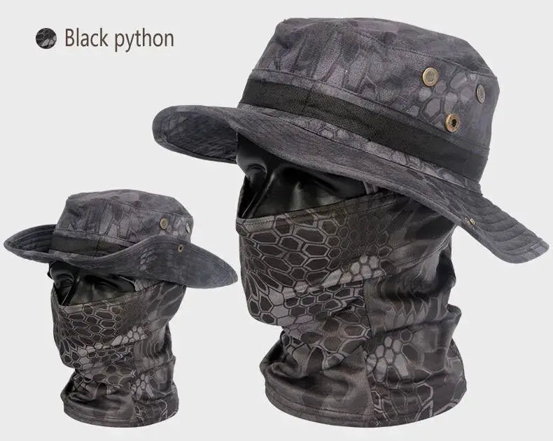 Simples Market camouflage boonie hats with neck gaiter masks, dark gray, adjustable sun protection for hiking (2-pack)
