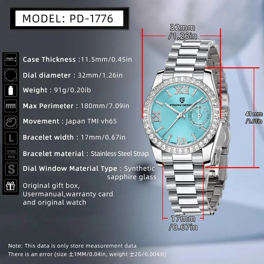 Pagani Design 32mm Womens Wristwatch Elegant Luxury Quartz Timepiece Fashion Waterproof Sapphire Crystal