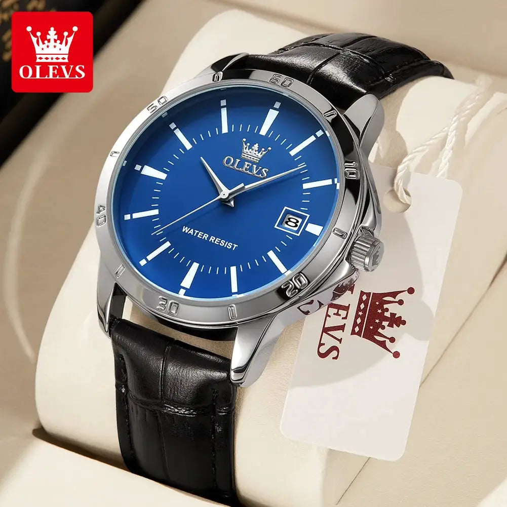 OLEVS men's wristwatch with blue dial, silver case, black leather strap, date window