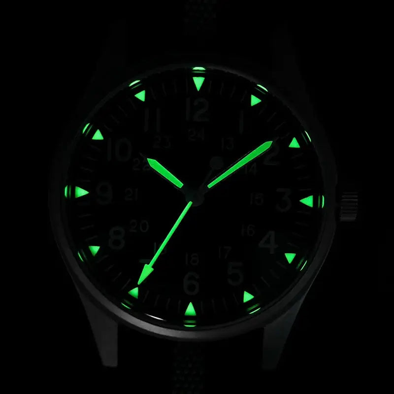Militado ML07 quartz watch with black dial and luminous green hands and markers for night visibility
