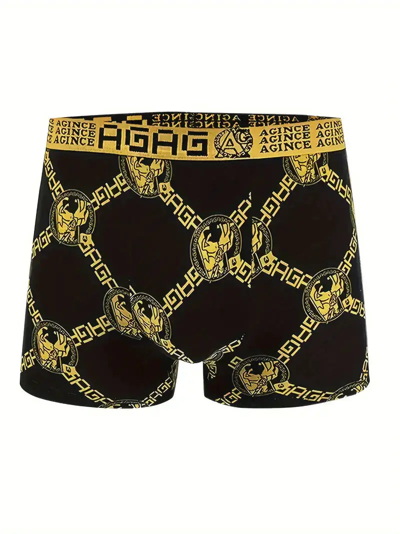 Men's black boxer shorts with gold retro-print circular medallions and elastic waistband
