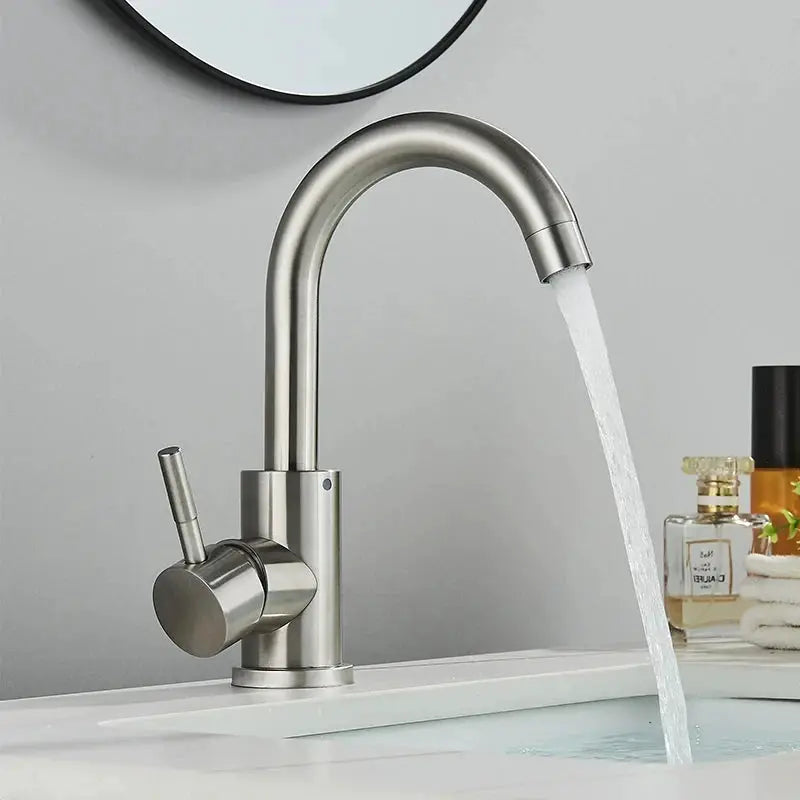 304 stainless steel bathroom basin faucet with single lever, 360° rotating curved spout.