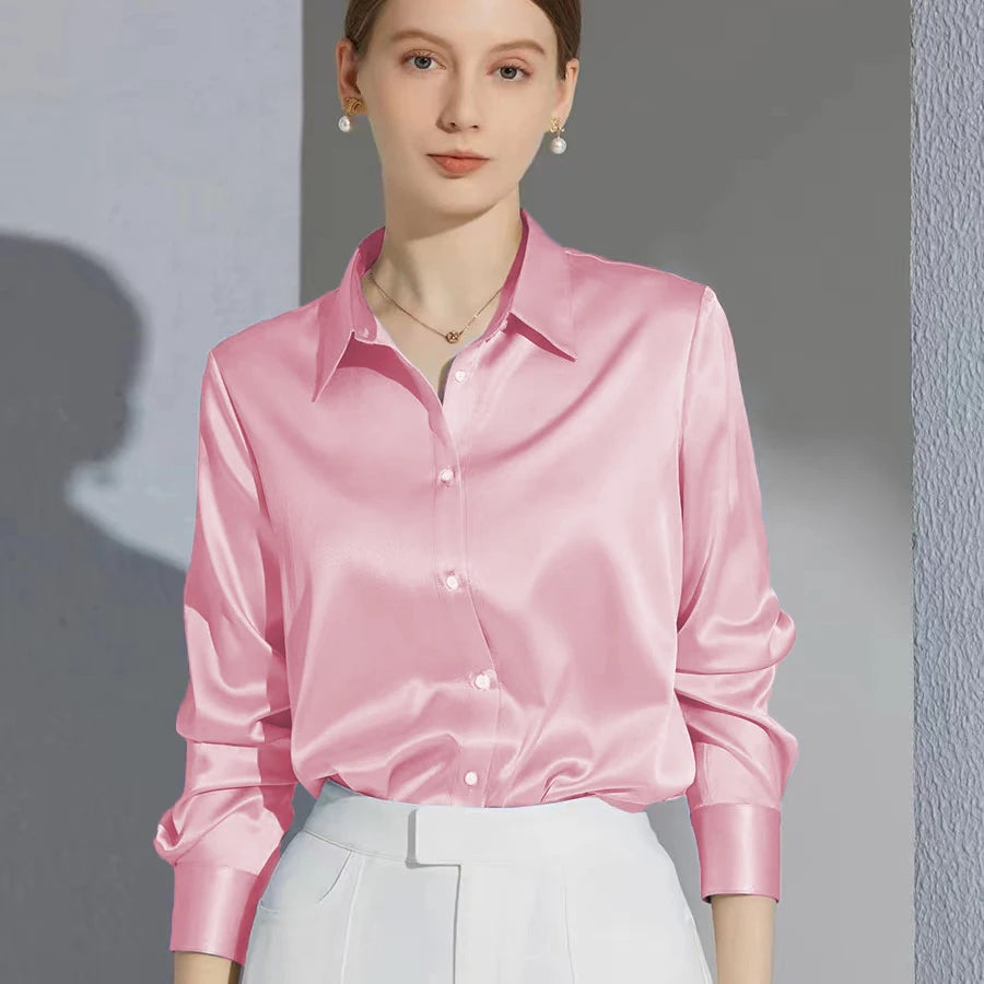 All Match Satin Finish Blouse For Women Turn Down Collar Three Quarter Sleeves Office And Casual Wear