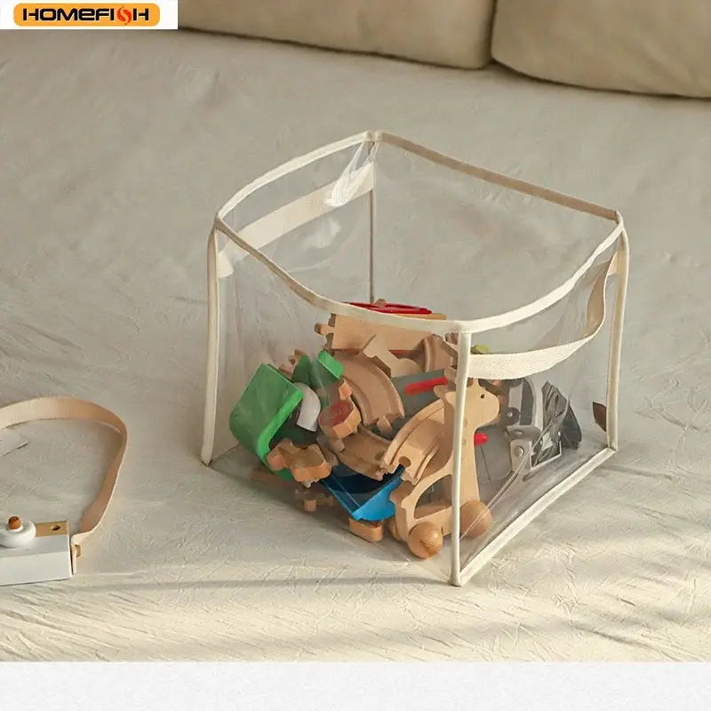Homefish transparent toy storage basket with beige trim, large-capacity box for wooden blocks