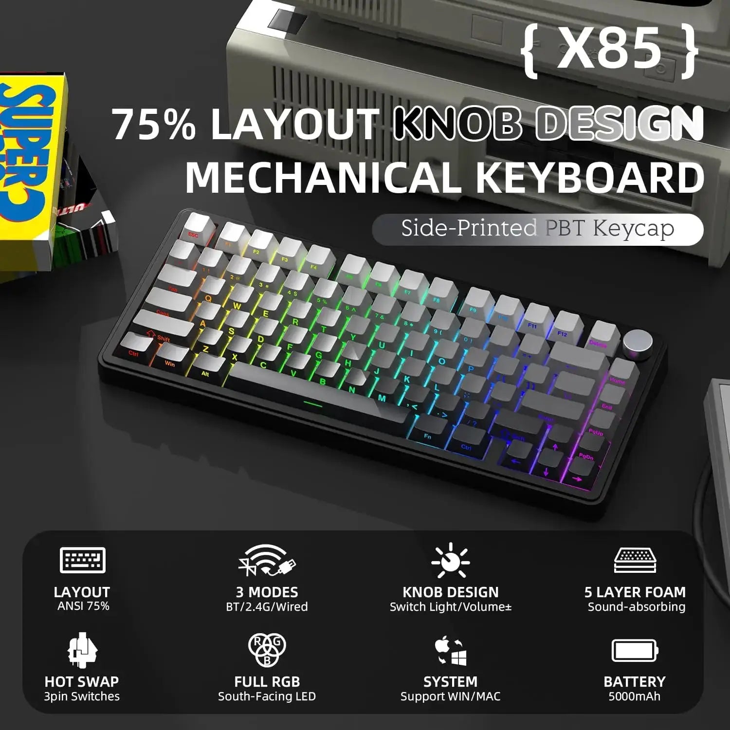 ATTACK SHARK X85 wireless mechanical keyboard, 82-key TKL with gasket structure and RGB lighting, knob, Simples Market