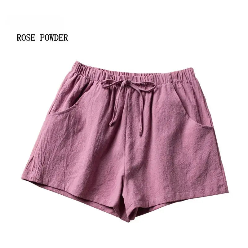 Women’s rose powder linen shorts with drawstring and pockets, high-waisted casual gym shorts