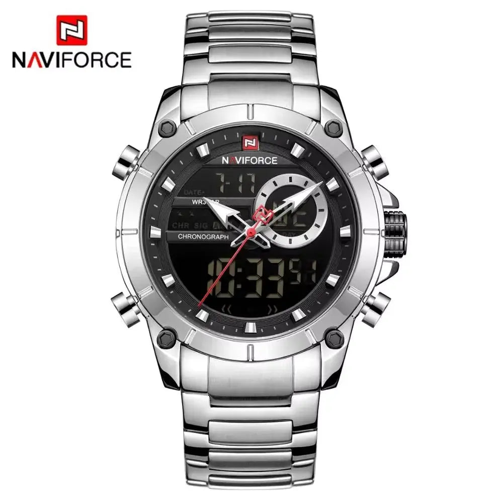 Naviforce 9163 Luxury Sport Mens Wristwatch With Dual Analog Digital Display Stainless Steel Water Resistant