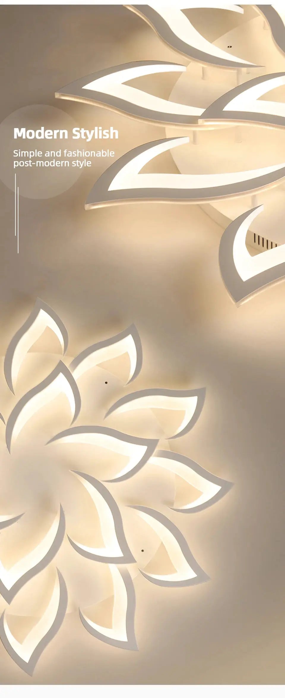 Modern LED ceiling light fixture with flower-petal design, dimmable, white finish by Simples Market