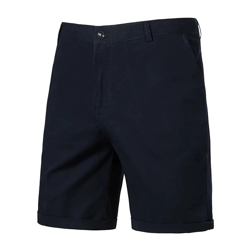 Men's navy cotton casual shorts with rolled cuffs, knee-length, versatile business-casual style for summer wear.