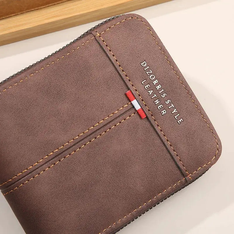 Brown leather men's wallet with horizontal zipper, compact short three-fold design, DIZORIS STYLE LEATHER logo