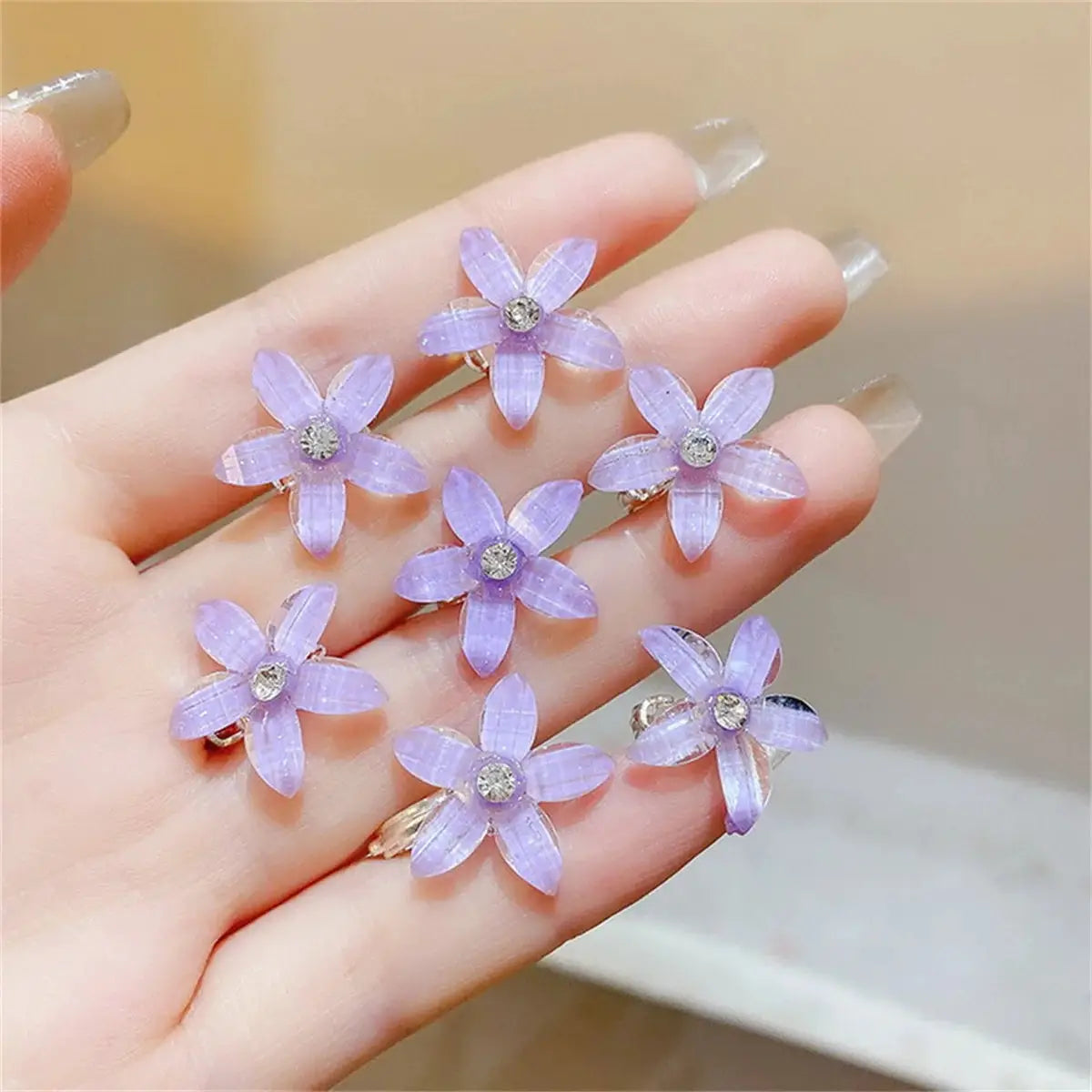 Flower hair clips set, 10 pcs lilac petals with crystal centers, Simples Market
