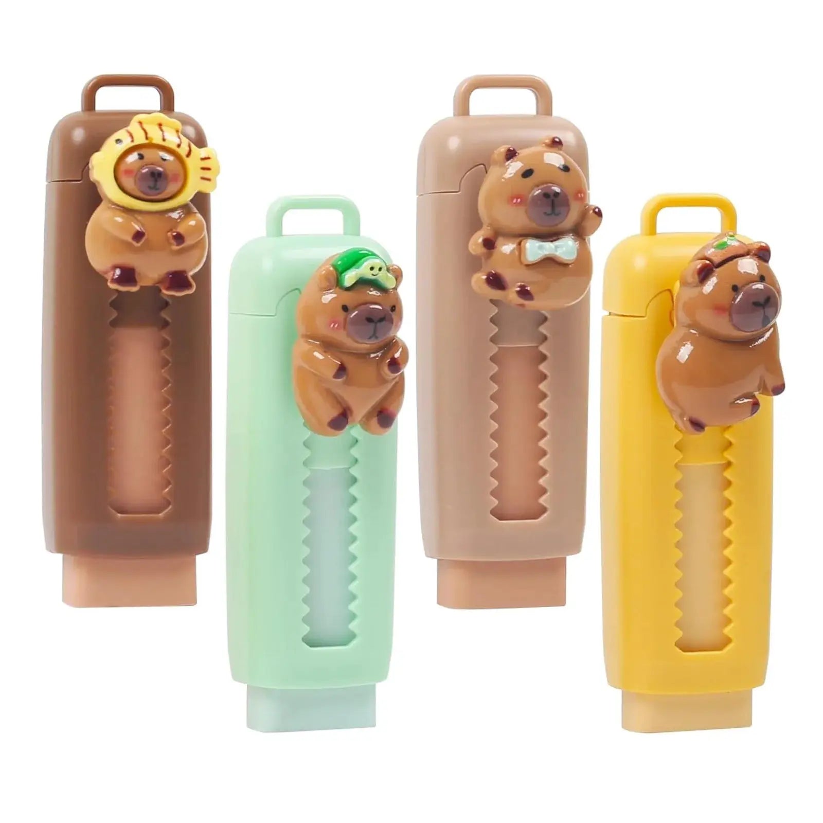 Capybara erasers set, 4 retractable cartoon erasers in brown, mint green, beige and yellow with animal figures