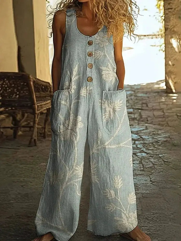 Jumpsuit: print sleeveless denim-style light blue with white embroidery, wooden buttons, pockets, wide-leg.