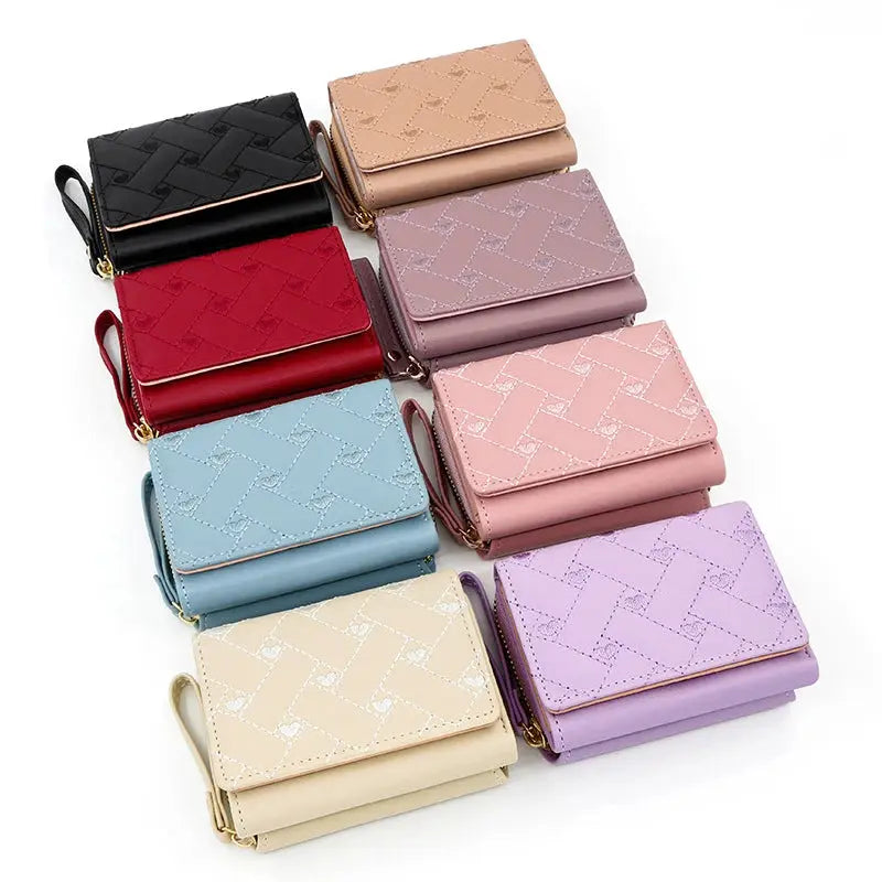 Women's PU tri-fold wallet set in assorted colors with embroidered love pattern