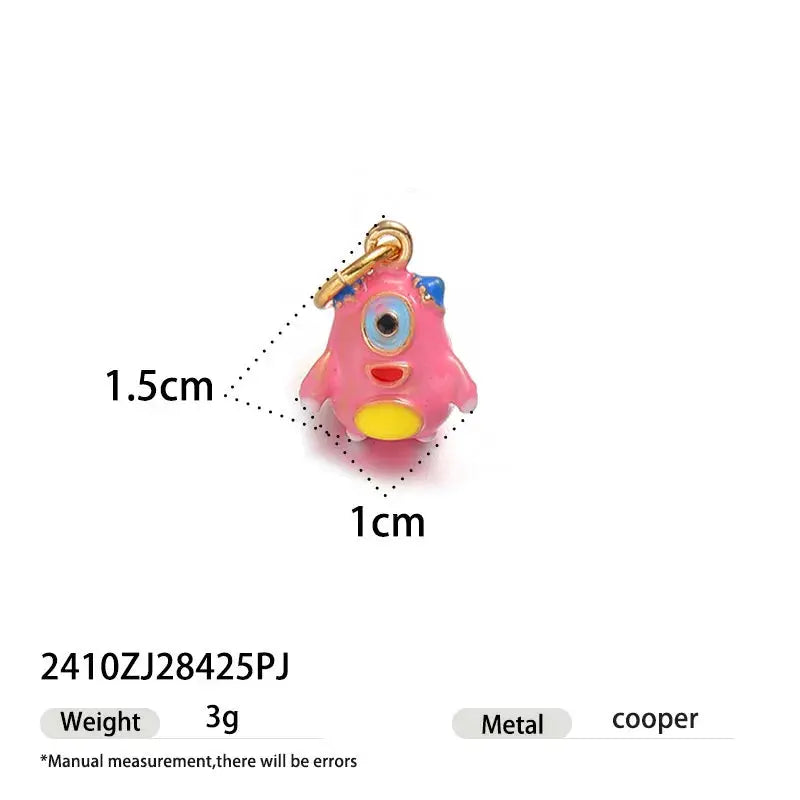 Simples Market pink dinosaur pendant on a gold-tone single hoop earring, cartoon animal charm, 1.5 cm tall.