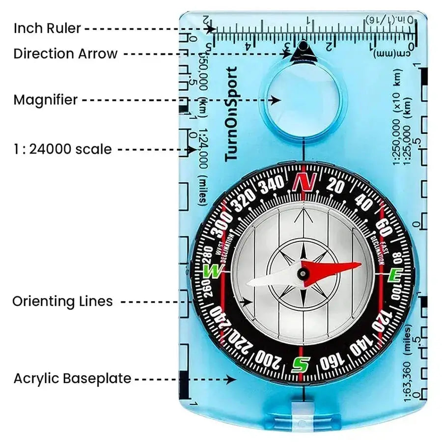 Simples Market waterproof outdoor compass with blue acrylic baseplate, magnifier, and 1:24000 scale.