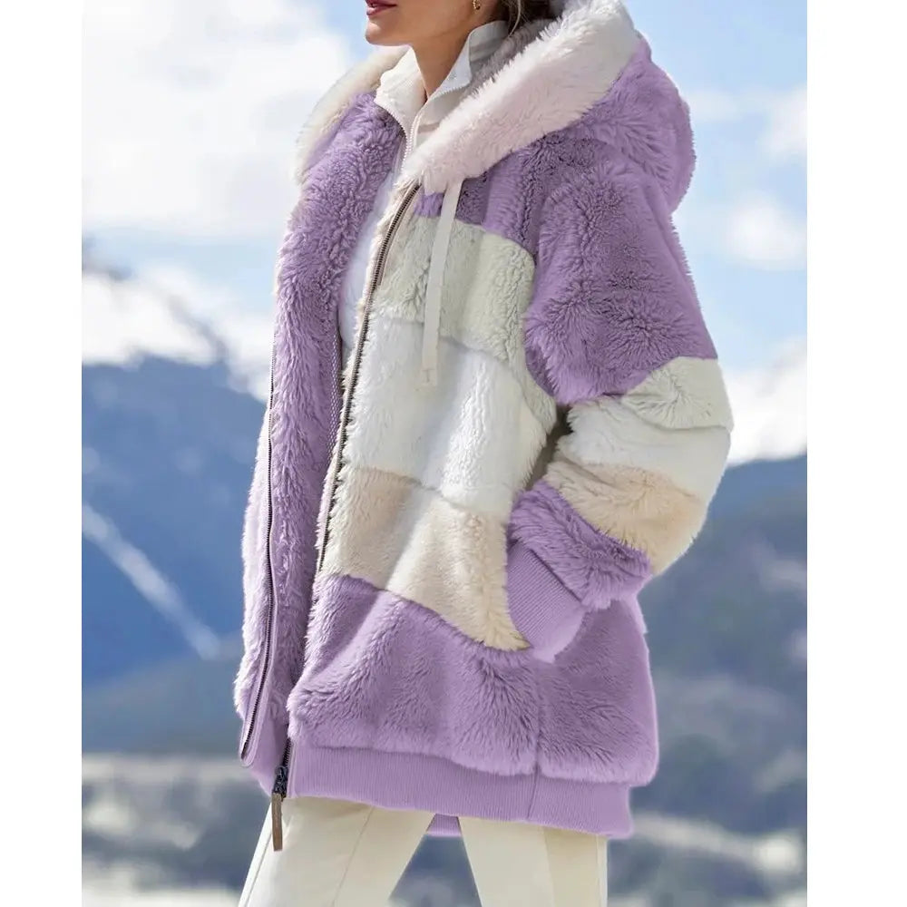 LuxeNest Oversized Hooded Plush Jacket For Women Cozy Warm Autumn Winter Coat With Zipper And Pockets