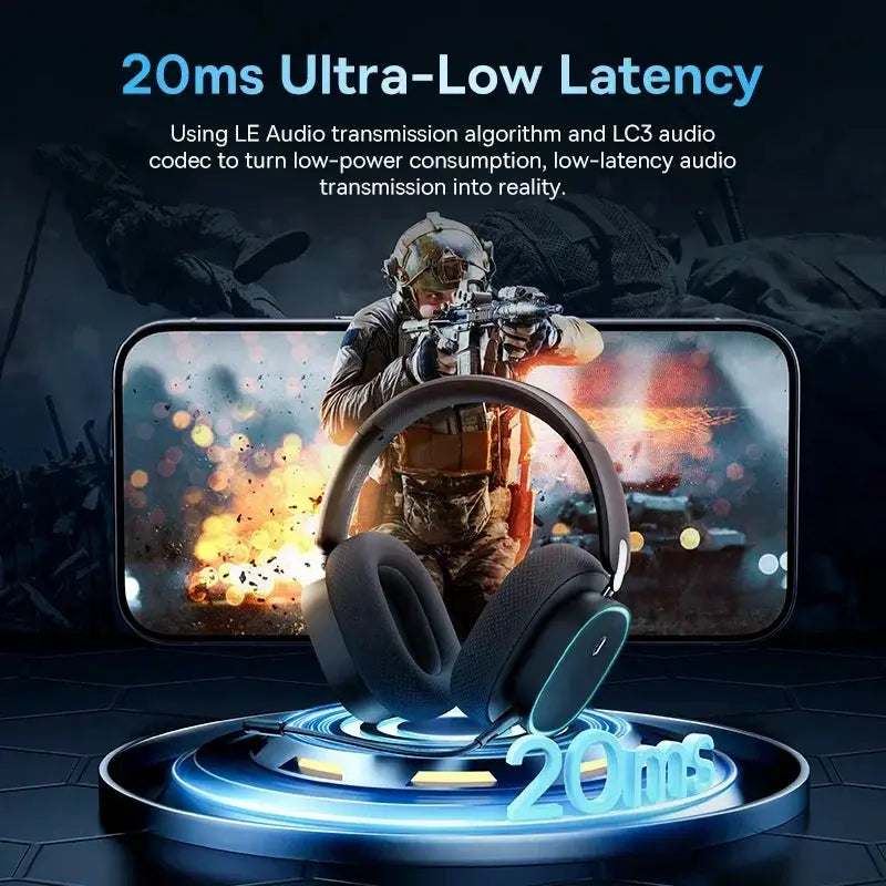 Baseus GH02 gaming wireless headset with mic, over-ear, black with blue RGB accents Simples Market