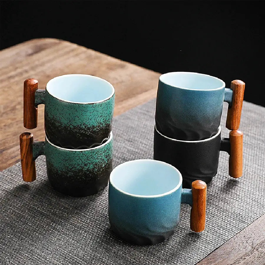 Creative Handmade Exquisite Vintage Coffee Cup With Wooden Handle Porcelain Mug For Home Kitchen Bar