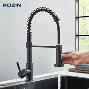 Rozin matte black kitchen faucet with deck-mount base and 360° rotating pull-down spray nozzle